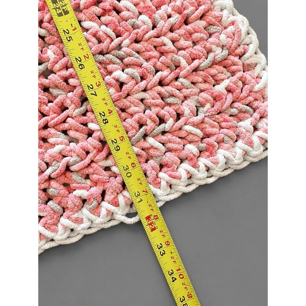 Handmade Baby Blanket Pink White Chunky Knit Chenille Throw Plush Crochet 32x32
